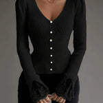 Black ribbed V-neck button top with lace-trim bell cuffs