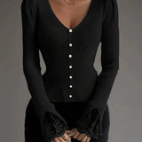Black ribbed V-neck button top with lace-trim bell cuffs