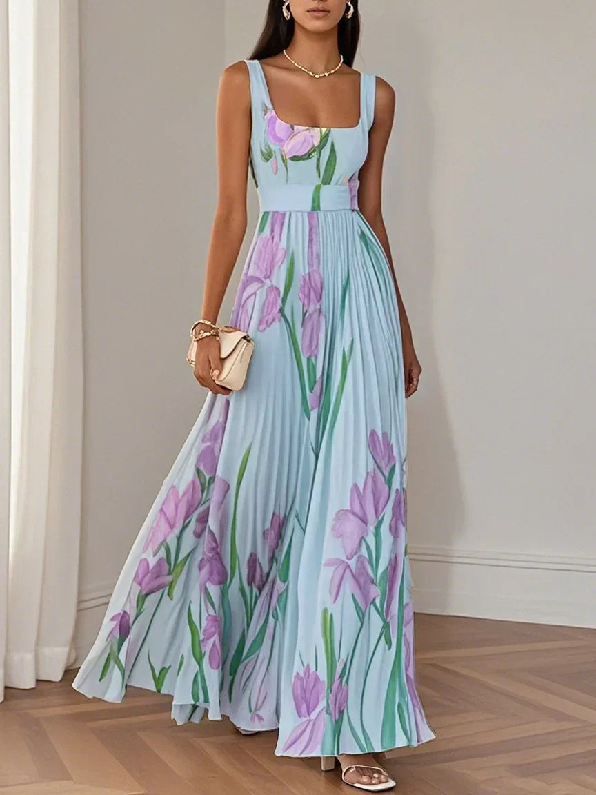 Mary™ pleated maxi dress, light blue floral print, belted waist, sleeveless pleats