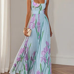 Mary™ pleated maxi dress, light blue floral print, belted waist, sleeveless pleats