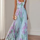 Mary™ pleated maxi dress, light blue floral print, belted waist, sleeveless pleats