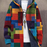 Multicolor patchwork hoodie cardigan with dark inner hood, front zipper and drawstrings