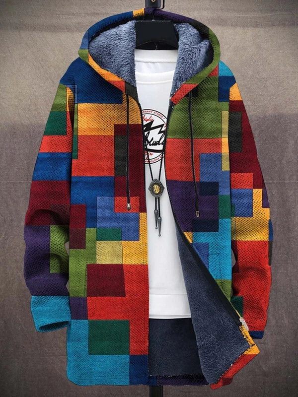 Multicolor patchwork hoodie cardigan with dark inner hood, front zipper and drawstrings