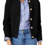 Womens knit cardigan with button front, black textured knit and long sleeves