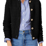 Womens knit cardigan with button front, black textured knit and long sleeves