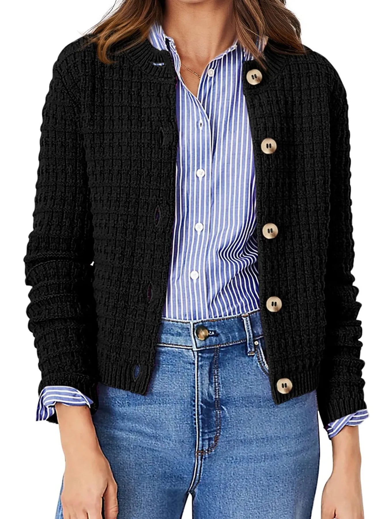 Womens knit cardigan with button front, black textured knit and long sleeves