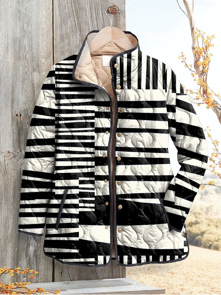 Women’s black-and-white abstract quilted casual jacket with full zip and stand collar