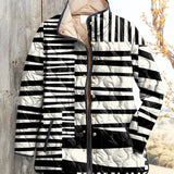 Women’s black-and-white abstract quilted casual jacket with full zip and stand collar