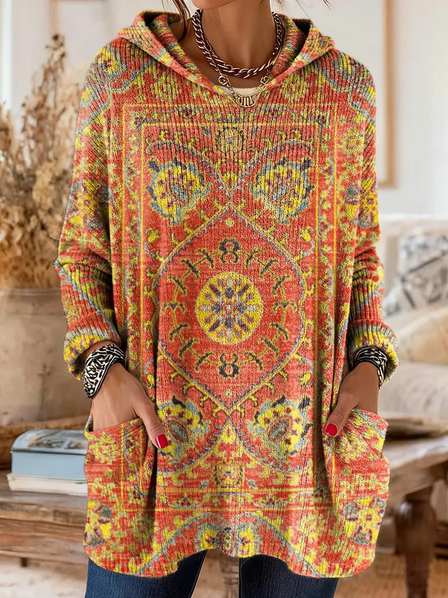 Vintage-inspired hooded knit tunic with front pockets, orange and red multicolor ethnic print