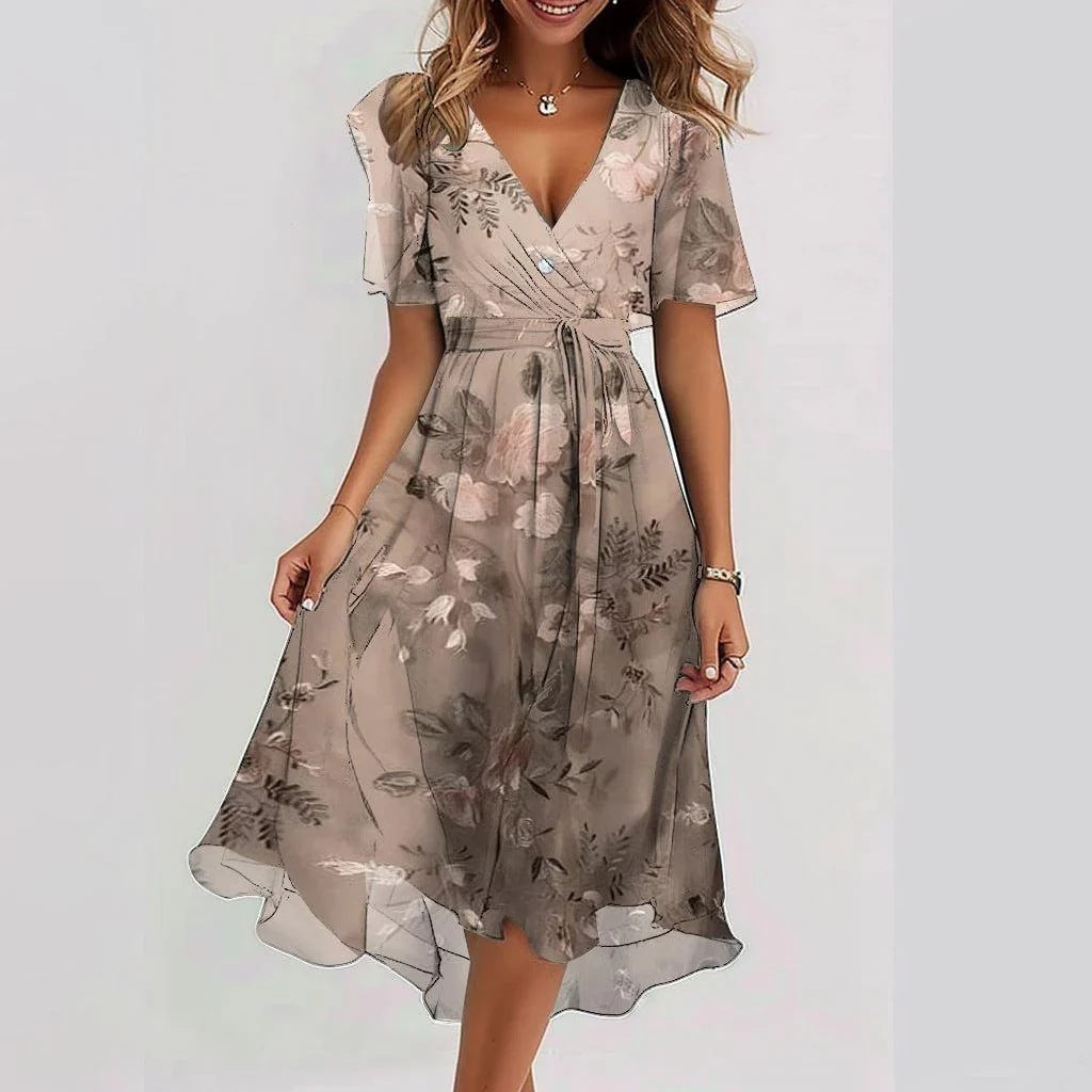 Knee-length beige floral wrap dress with short sleeves, V-neck, and tied waist