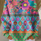Multicolor floral embroidered long-sleeve sweater with buttoned crew neck