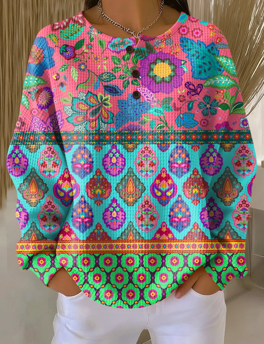 Sign ethnic floral stripe sweater, colorful long-sleeve with round neck and button placket