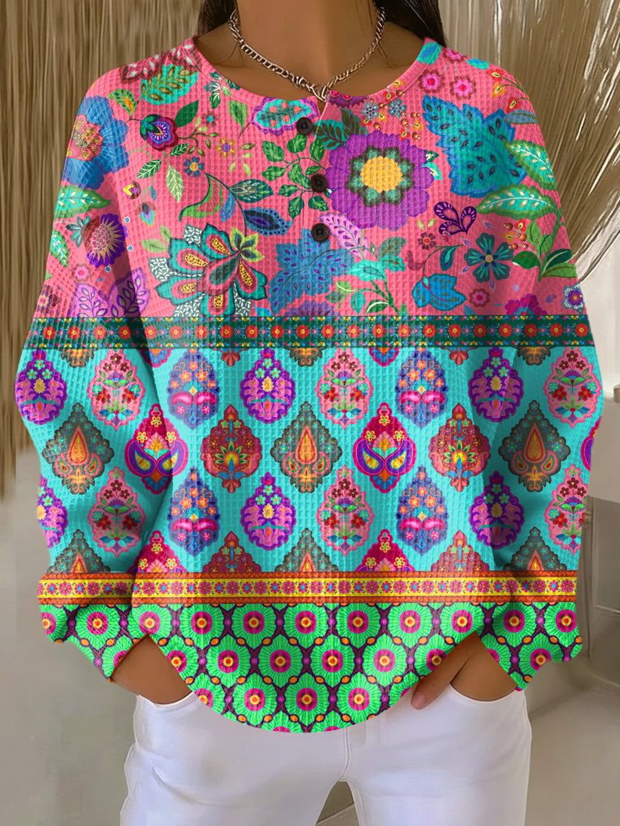Sign ethnic floral stripe sweater, colorful long-sleeve with round neck and button placket