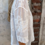 White embroidered long-sleeve cardigan with lace sleeves and side profile
