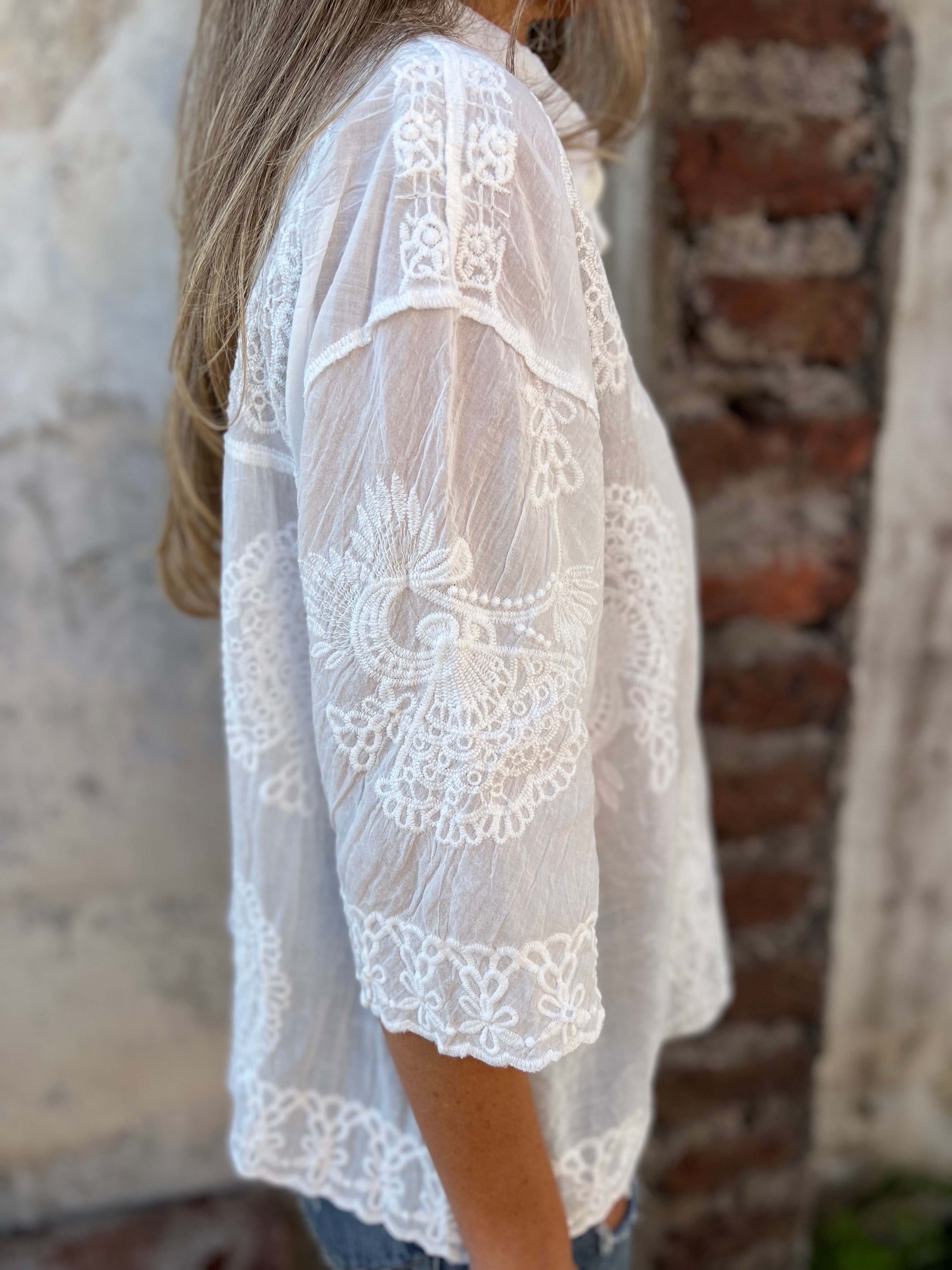 White embroidered long-sleeve cardigan with lace sleeves and side profile