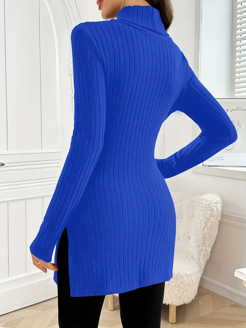 Slim-fit long-sleeve knit sweater with mock neck and ribbing, royal blue back view