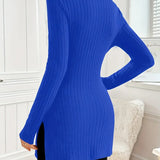 Slim-fit long-sleeve knit sweater with mock neck and ribbing, royal blue back view