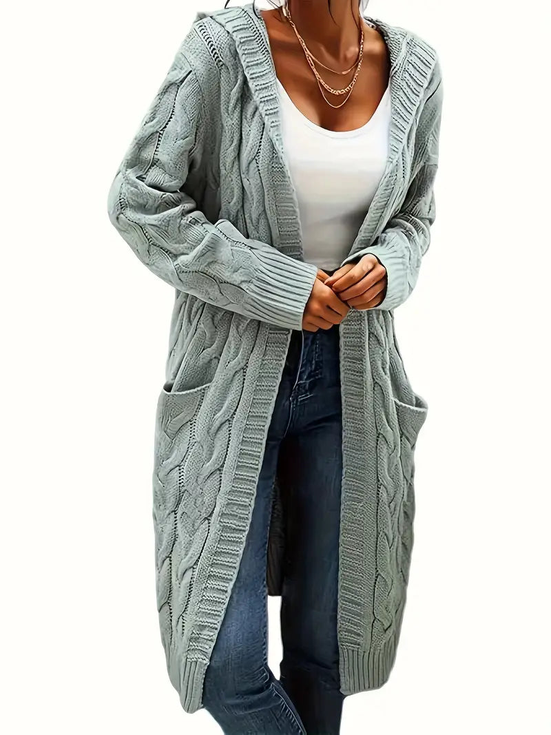Women’s longline cable knit cardigan in light gray, open front with shawl collar