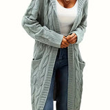 Women’s longline cable knit cardigan in light gray, open front with shawl collar