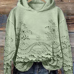 Green hoodie with floral embroidered eyelet lace hem and scalloped front panel