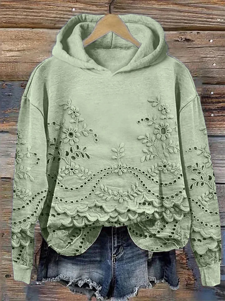 Green hoodie with floral embroidered eyelet lace hem and scalloped front panel
