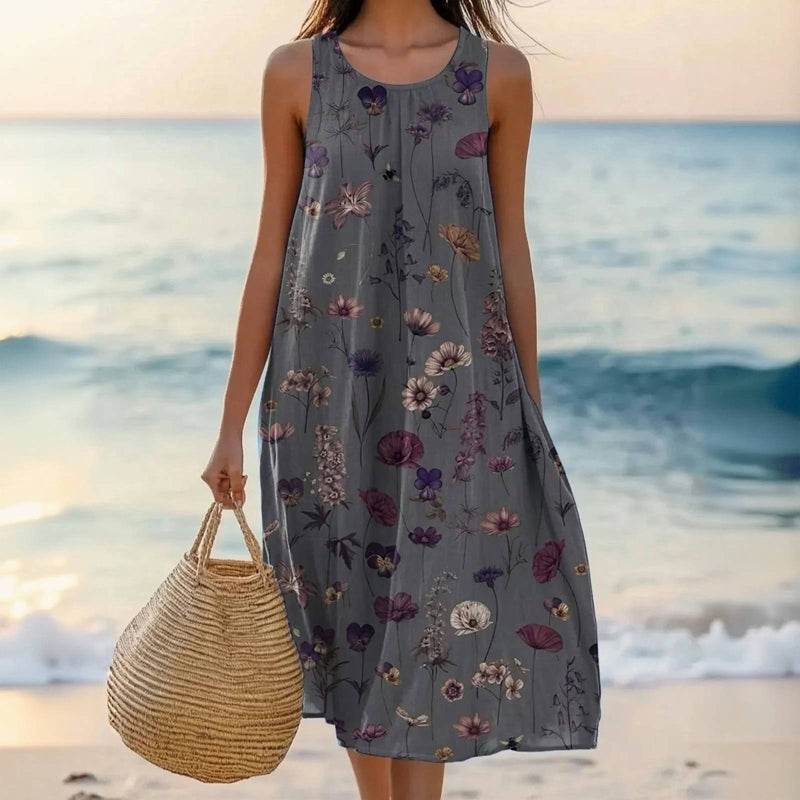 Vintage floral midi dress, sleeveless, charcoal gray with purple flower print