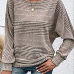 Khaki striped knit pullover with batwing sleeves and ribbed cuffs, relaxed fit
