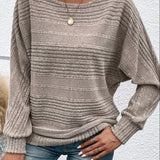 Khaki striped knit pullover with batwing sleeves and ribbed cuffs, relaxed fit