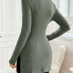 Ribbed knit turtleneck sweater in dark green, fitted long sleeves with side slit