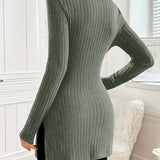 Ribbed knit turtleneck sweater in dark green, fitted long sleeves with side slit