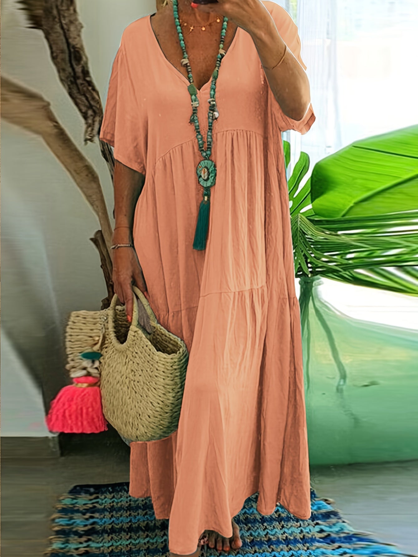 Plus size tummy control tiered ruffle maxi dress, peach orange, short sleeves, V-neck