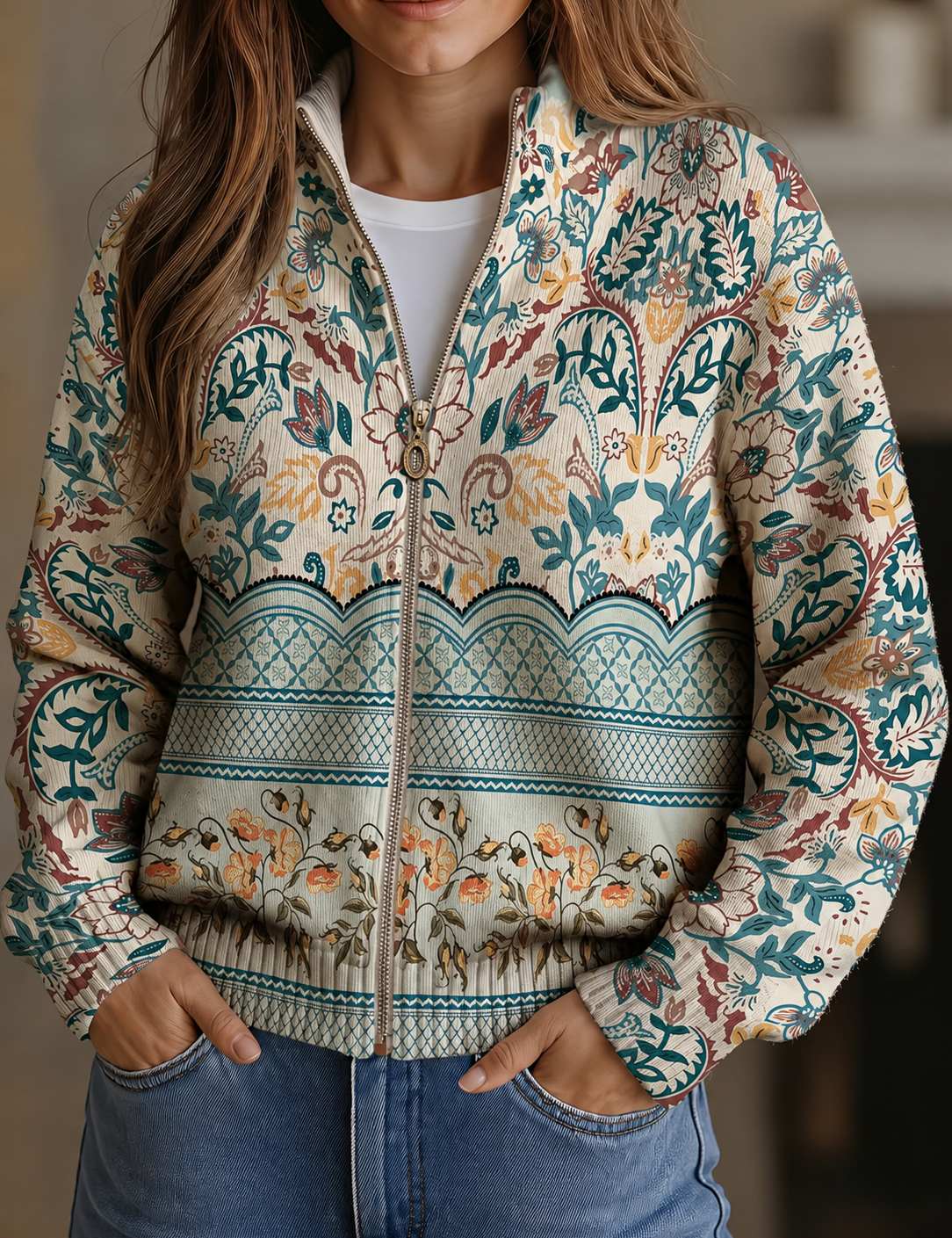 Sybilla women's long-sleeve knit cardigan, floral print, stand collar, zip front