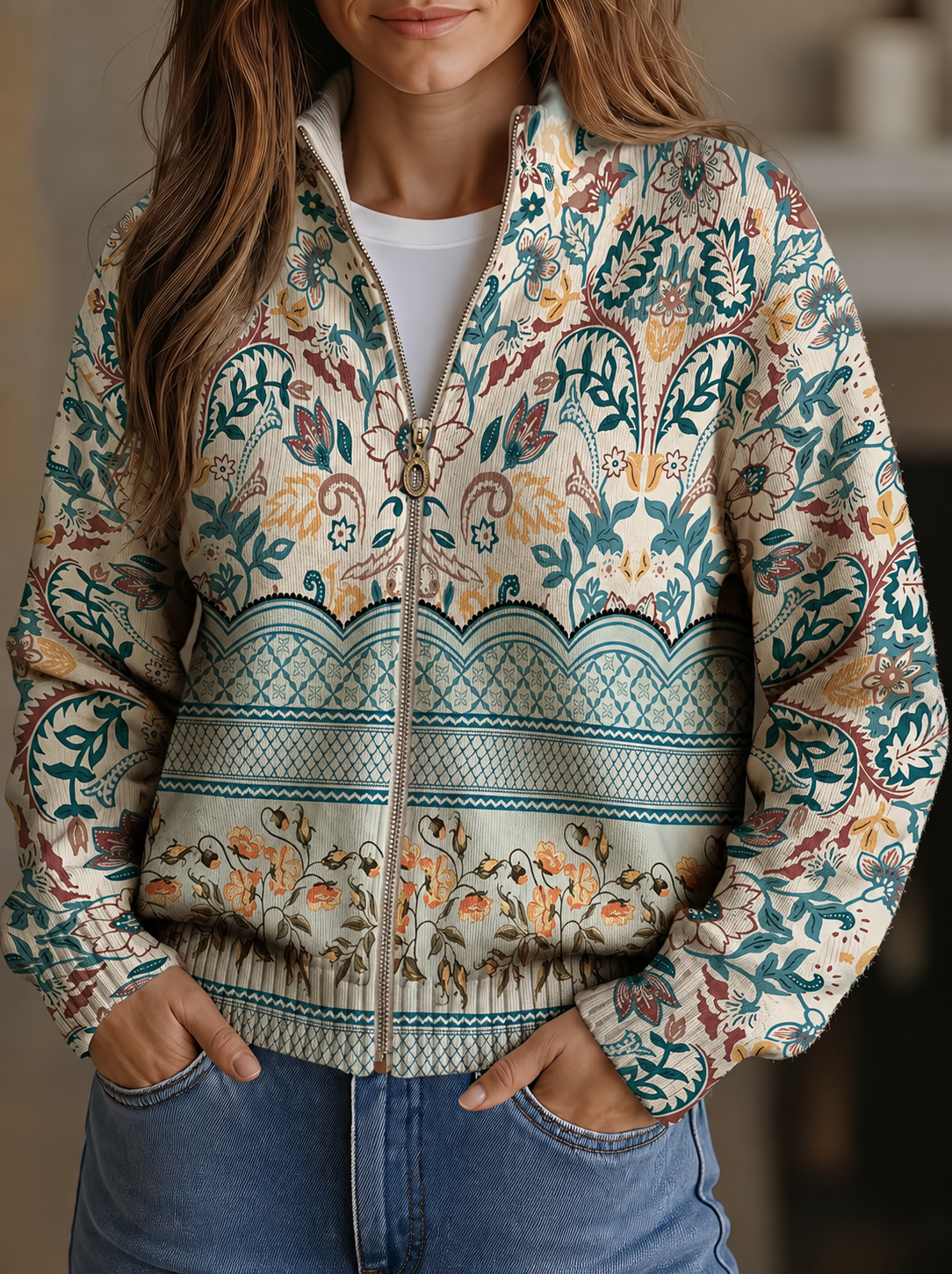 Sybilla women's long-sleeve knit cardigan, floral print, stand collar, zip front