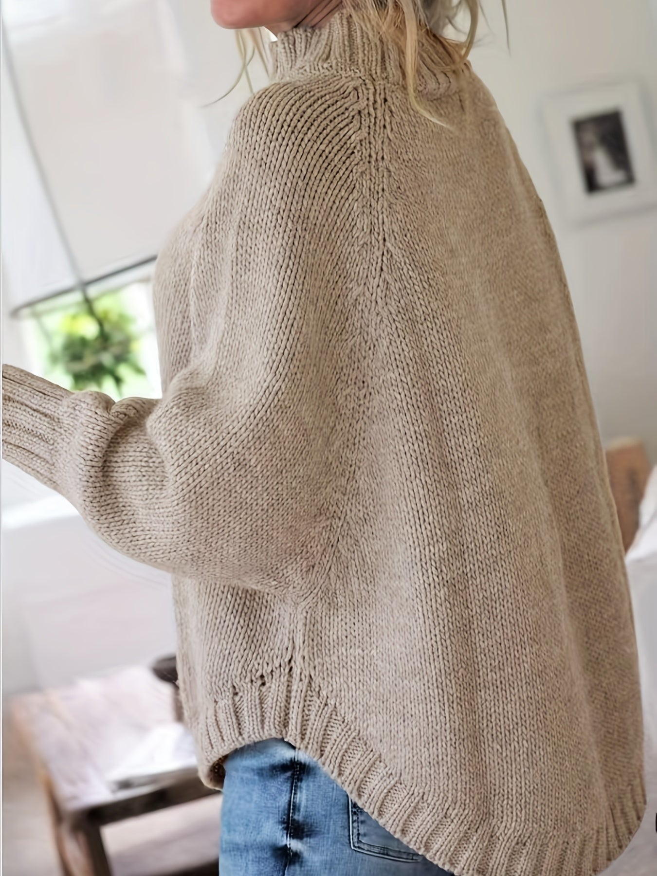 Beige khaki cable-knit vintage pullover with turtleneck, long sleeves, ribbed cuffs