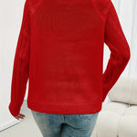 Red crewneck knit sweater, back view, with ribbed hem and long sleeves