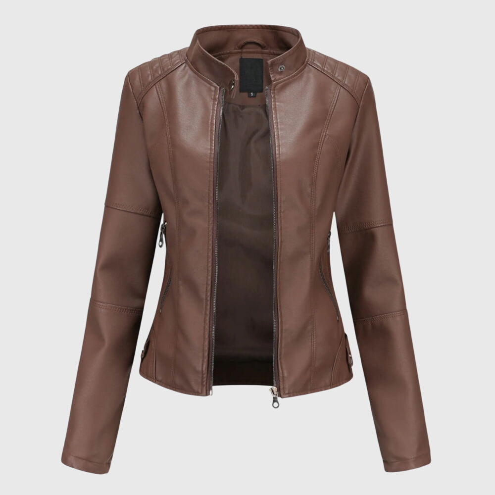 Women's dark brown leather zip jacket with stand collar and side pocket zippers