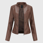 Women's dark brown leather zip jacket with stand collar and side pocket zippers