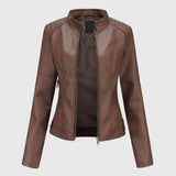 Women's dark brown leather zip jacket with stand collar and side pocket zippers