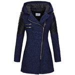 Womens winter parka coat, dark blue heather, faux fur-lined hood, quilted sleeve panels