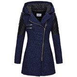 Womens winter parka coat, dark blue heather, faux fur-lined hood, quilted sleeve panels
