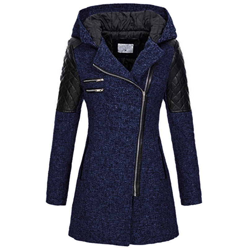 Womens winter parka coat, dark blue heather, faux fur-lined hood, quilted sleeve panels