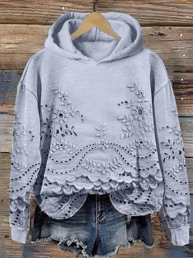 Ravella™ vintage printed hoodie in light blue with floral eyelet detailing