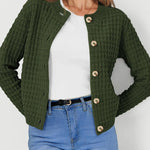 Dark green textured knit cardigan with wood-style buttons and long sleeves, front view