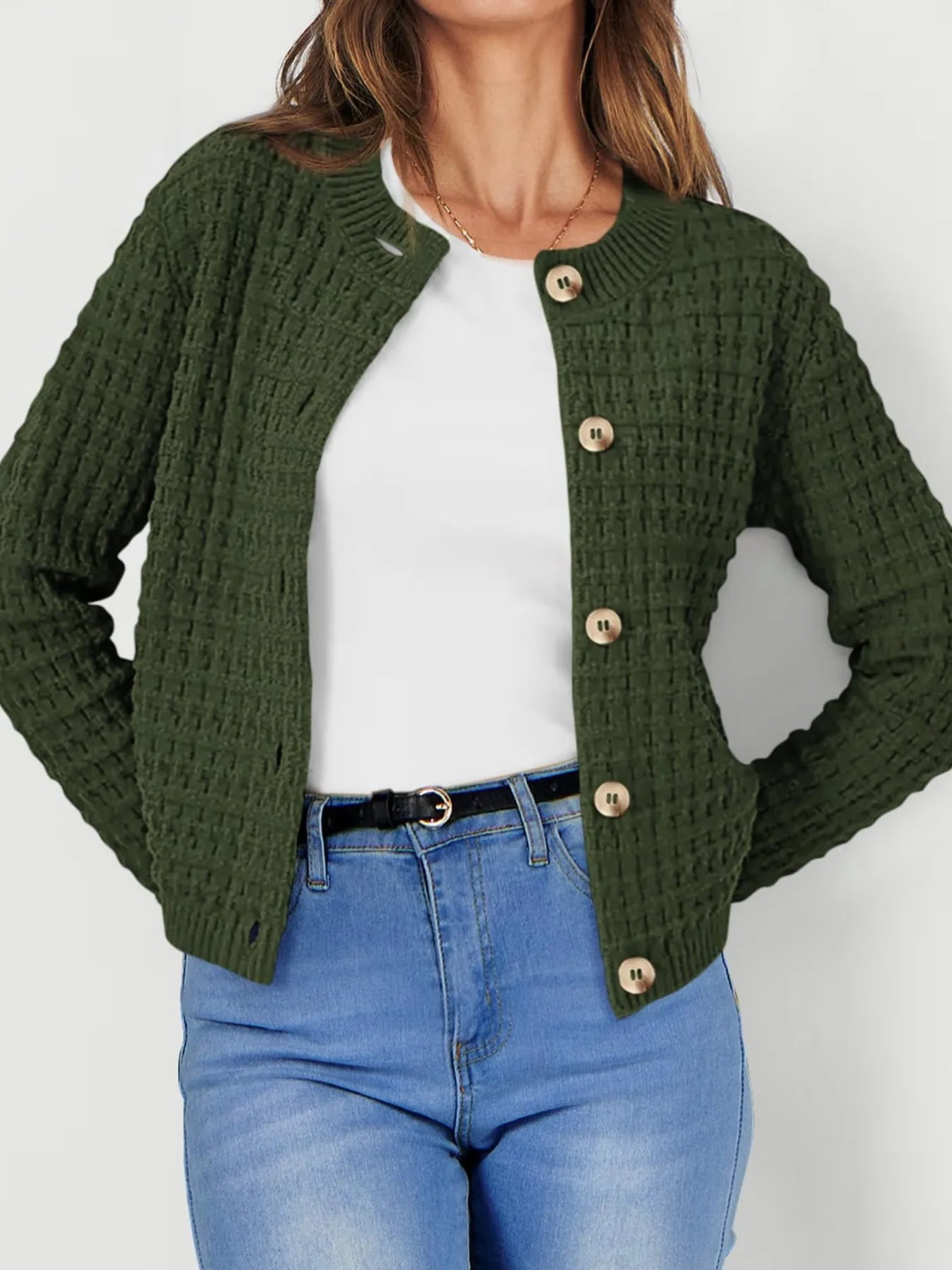 Dark green textured knit cardigan with wood-style buttons and long sleeves, front view