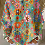 Colorful diamond-pattern pullover sweater with buttoned crew neck