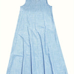 Rosie™ V-neck sleeveless tank dress in light sky blue linen-look fabric with pleated skirt