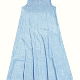 Rosie™ V-neck sleeveless tank dress in light sky blue linen-look fabric with pleated skirt