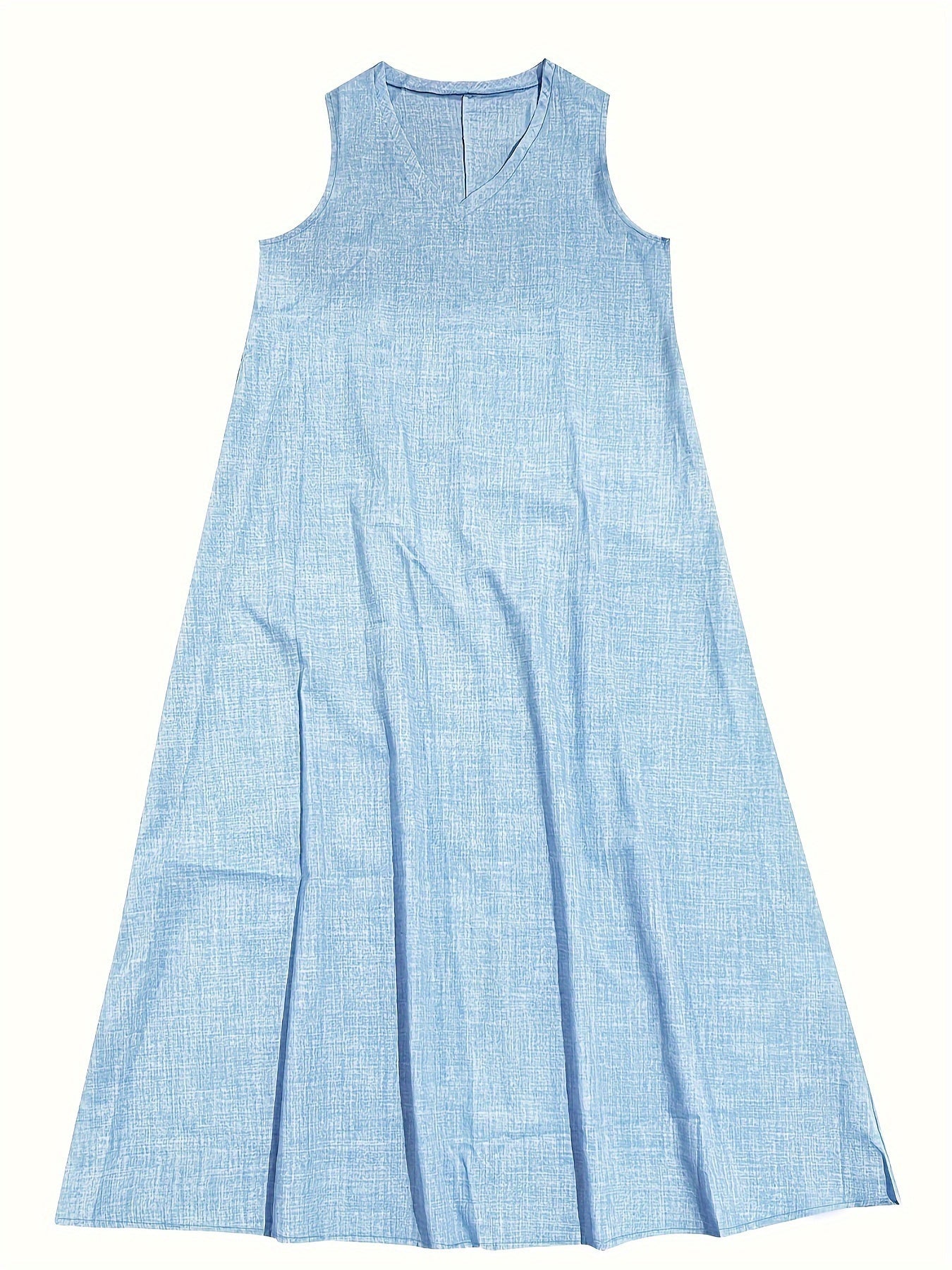 Rosie™ V-neck sleeveless tank dress in light sky blue linen-look fabric with pleated skirt