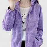 Purple hooded zip-up jacket with allover leaf print, elastic cuffs, side pockets