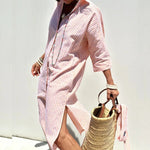 Striped long shirt dress, pink and white vertical stripes, side slit and midi length